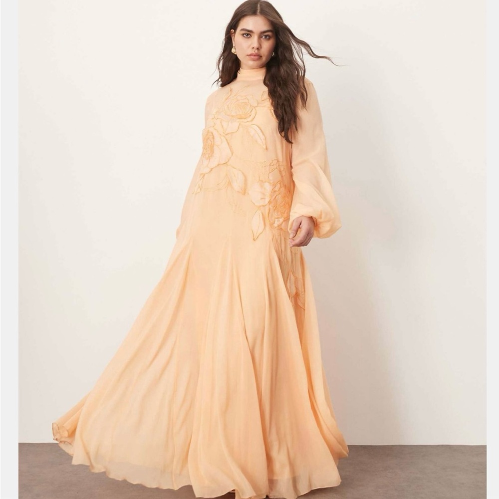asos arrange applique floral tie neck blouson sleeve trapeze maxi dress